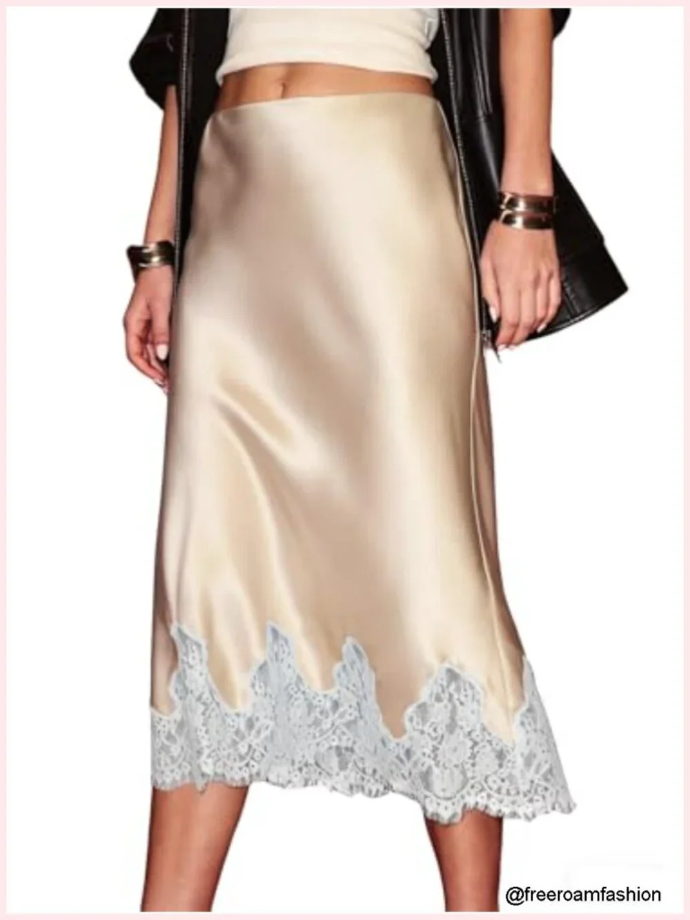 High Waist Satin Midi Skirt with Lace Trim Flowy A-Line